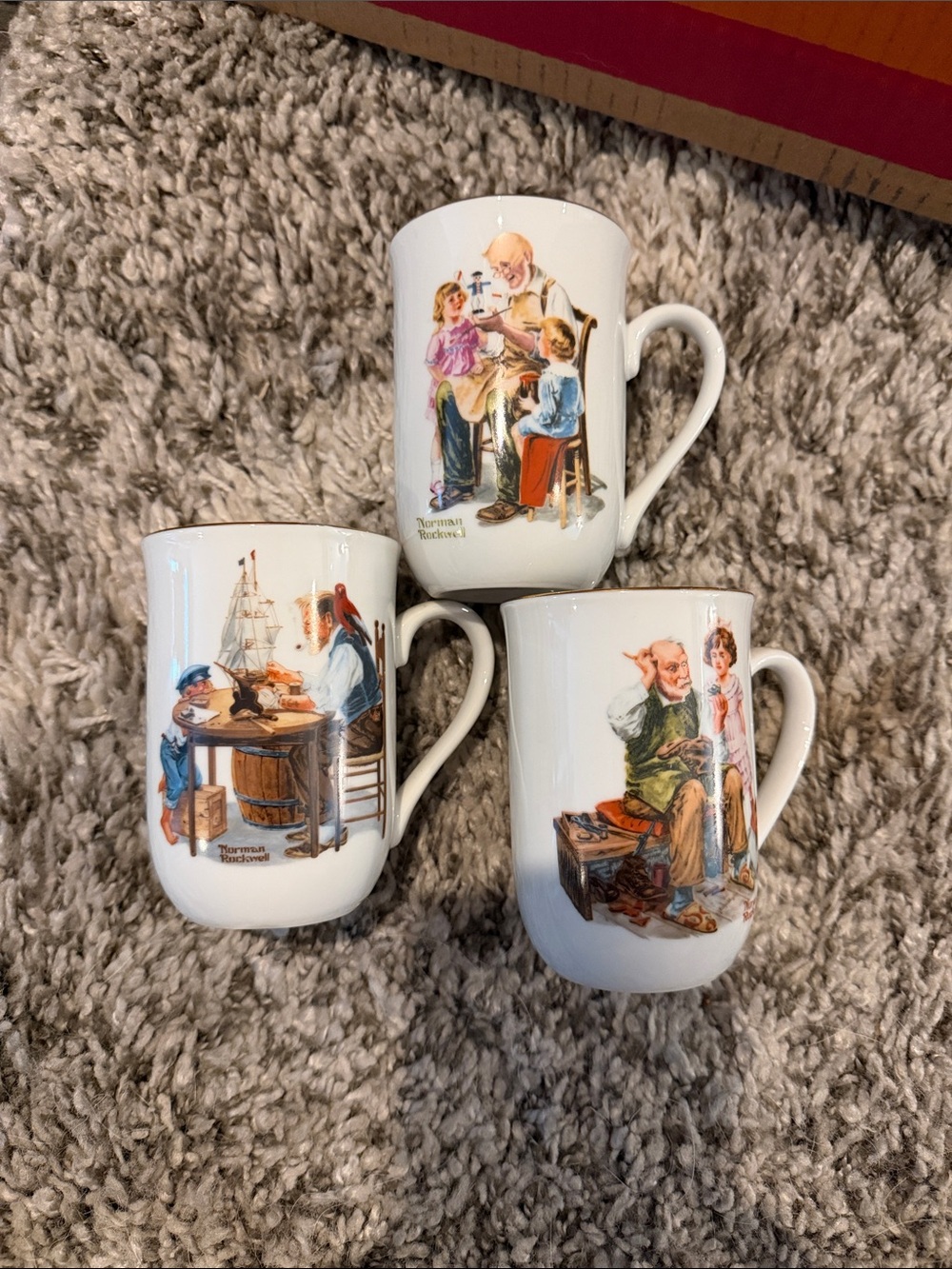 Norman Rockwell White Porcelain Mugs with Colorful Illustrations - Set of 3
